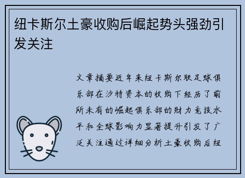 纽卡斯尔土豪收购后崛起势头强劲引发关注