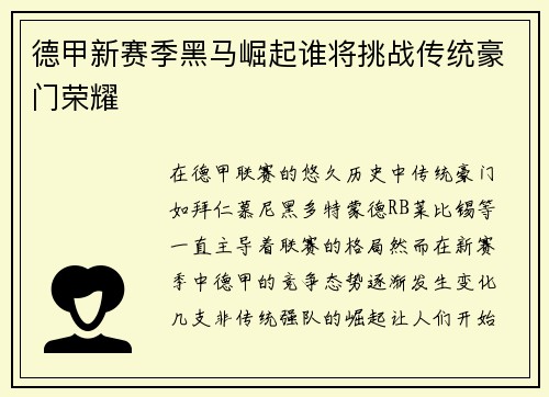 德甲新赛季黑马崛起谁将挑战传统豪门荣耀