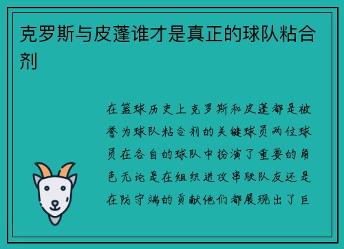 克罗斯与皮蓬谁才是真正的球队粘合剂