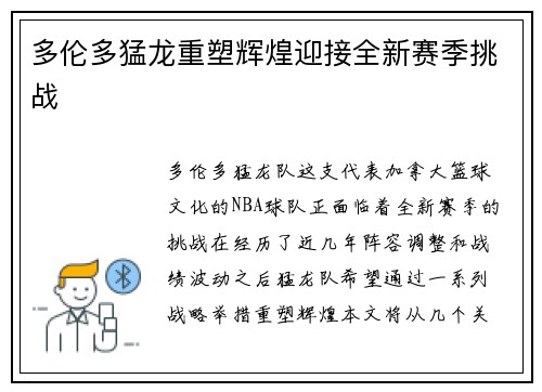 多伦多猛龙重塑辉煌迎接全新赛季挑战